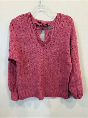Francesca's Collections Rose-Pink V-Neck Open Knit Sweater with Back Tie